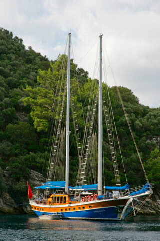 A two-masted sailboat with blue and yellow accents is docked near a lush, green, forested coastline in Turkey.