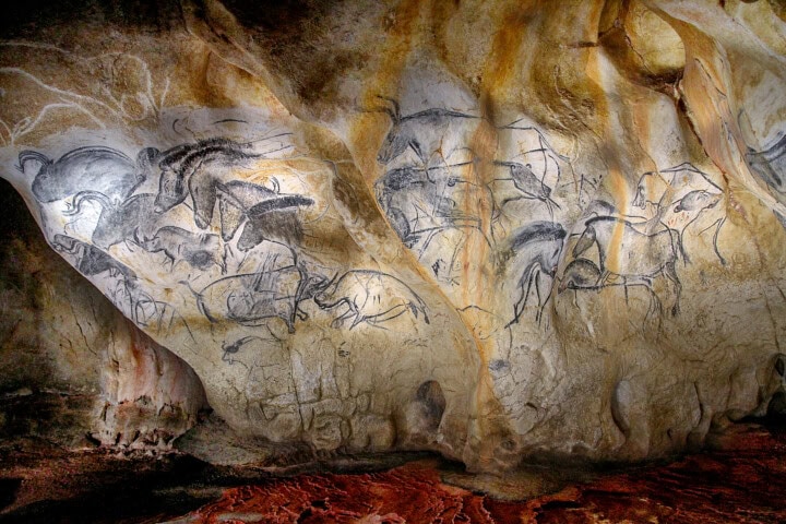 Cave wall in France adorned with prehistoric drawings depicting various animals, including horses, bulls, and possibly deer, rendered in black pigment on a textured, rocky surface.