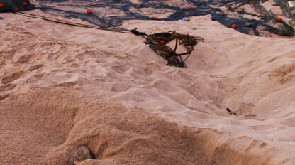 A sea turtle partially buried in sand near fishing nets and boats on a beach with ocean waves and rocky cliffs in the background, reminiscent of the serene coastlines of Oman.
