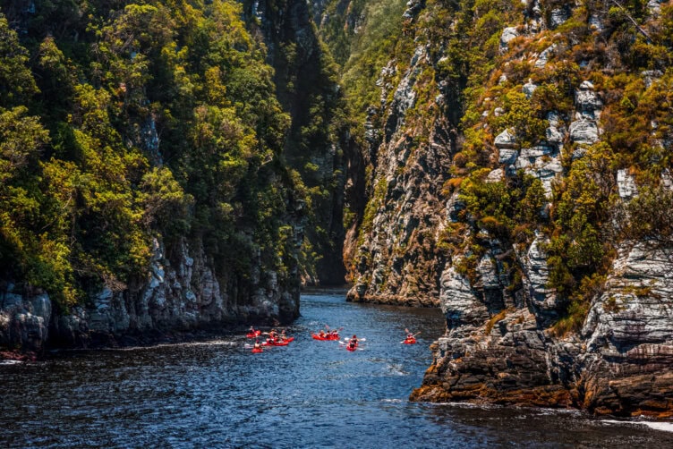 A group of people in red kayaks paddling through a narrow river gorge surrounded by tall, rocky cliffs and dense greenery—an adventure often found in the best parks South Africa has to offer.