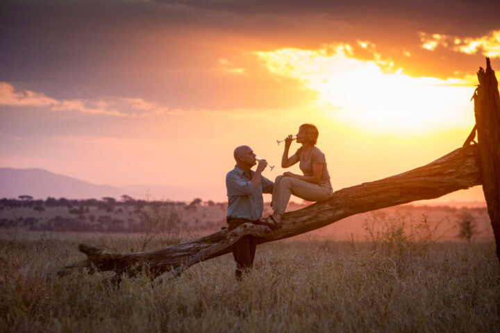 A couple enjoying a glass of wine on a safari.