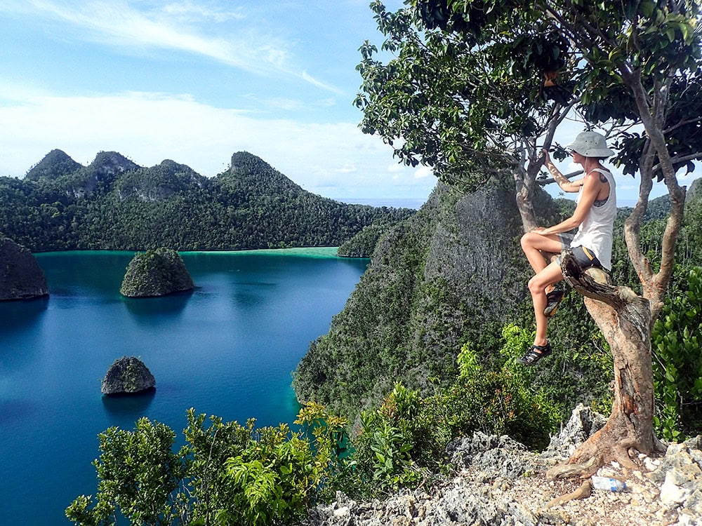 A person wearing a hat and shorts sits on a tree branch overlooking a scenic view of lush green islands surrounded by blue water under a clear sky, embracing the world's last wild frontier.