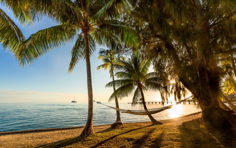 A hammock hangs between two palm trees on a sunny beach in French Polynesia, overlooking calm ocean waters with a pier extending into the distance and a boat on the horizon.