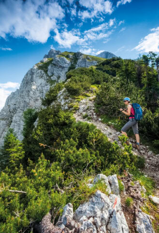 A hiker wearing a blue helmet and carrying a blue backpack walks along a narrow, rocky mountain trail surrounded by greenery in the scenic landscapes of Slovenia, under a partly cloudy sky.