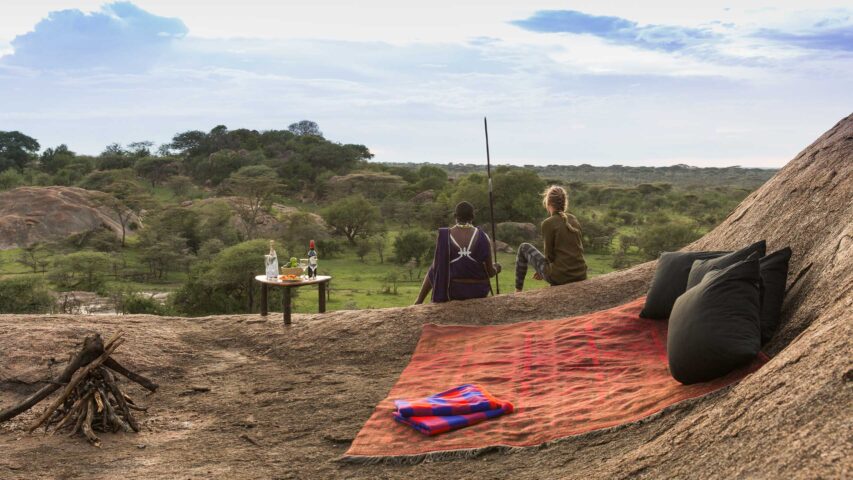 A guide and a traveler outside.