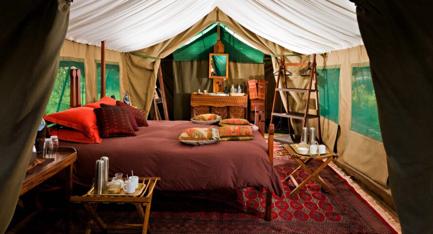 A bedroom in a tent.