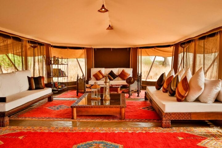 A living room in a tent in Tanzania.