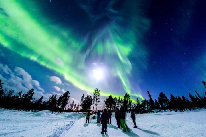 People stand on a snowy landscape in Finland, with trees in the distance, watching green Northern Lights (Aurora Borealis) illuminating the night sky—a breathtaking experience that highlights the rich culture and attracts global tourism.