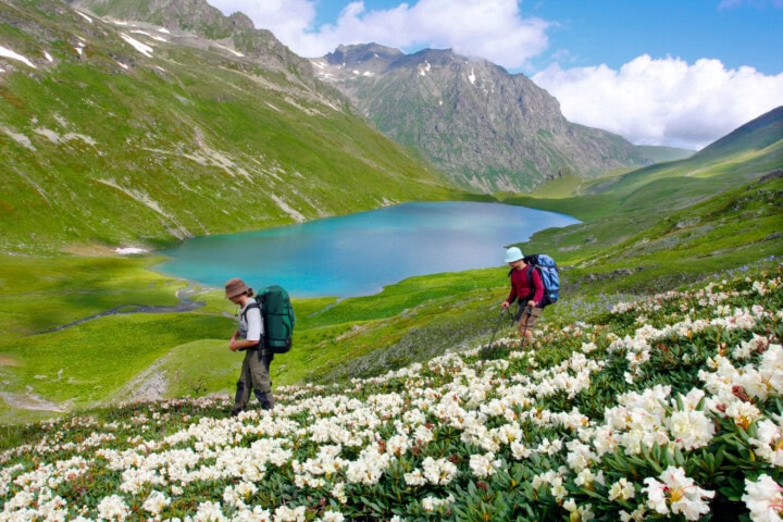 Two hikers with backpacks walk through a field of white flowers in Georgia, with a green valley and a blue lake in the background, surrounded by mountainous terrain under a partly cloudy sky.